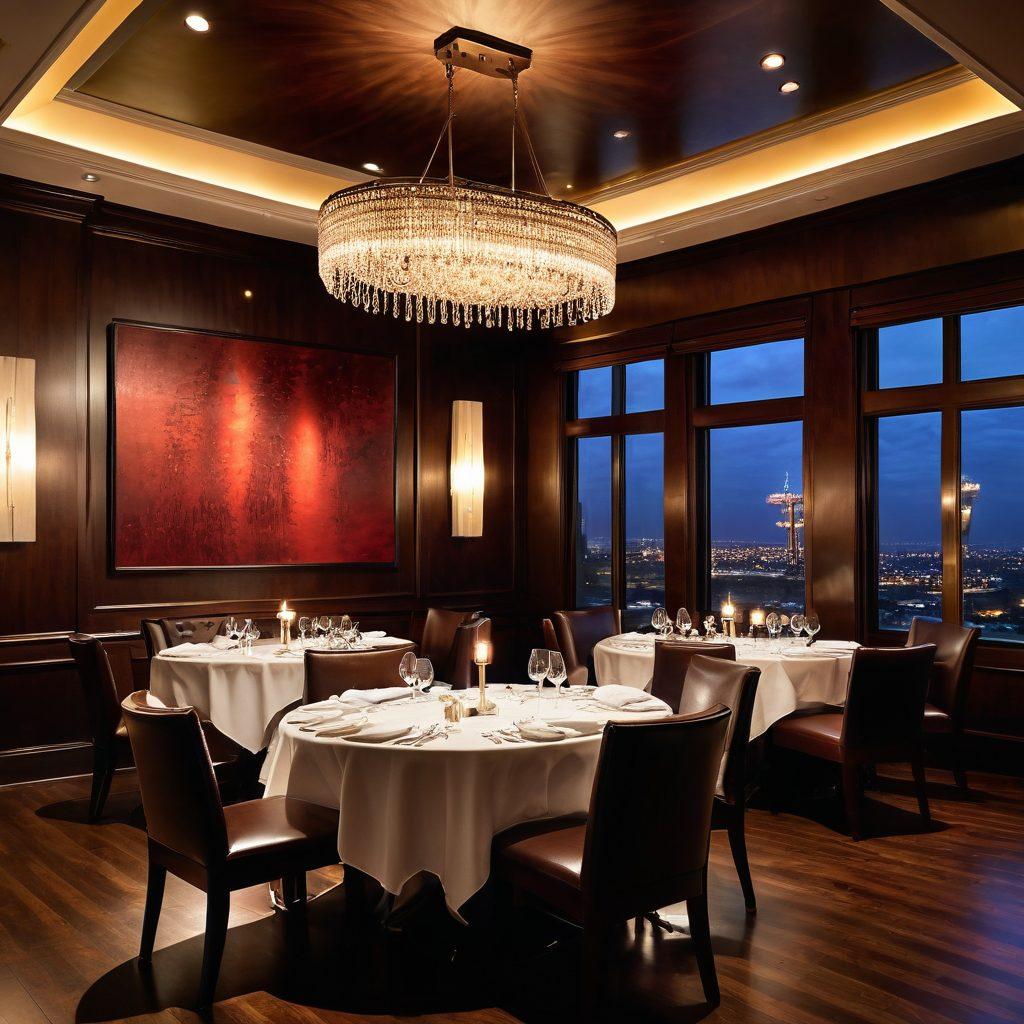 A luxurious dining setup at Ruth's Chris Steak House featuring a beautifully plated prime steak, elegant candle-lit table, and sophisticated décor with rich wood tones; the background showcases a refined ambiance with plush seating and sparkling chandeliers, exuding an atmosphere of elegance and exclusivity. super-realistic. warm and inviting colors. high-end restaurant interior.
