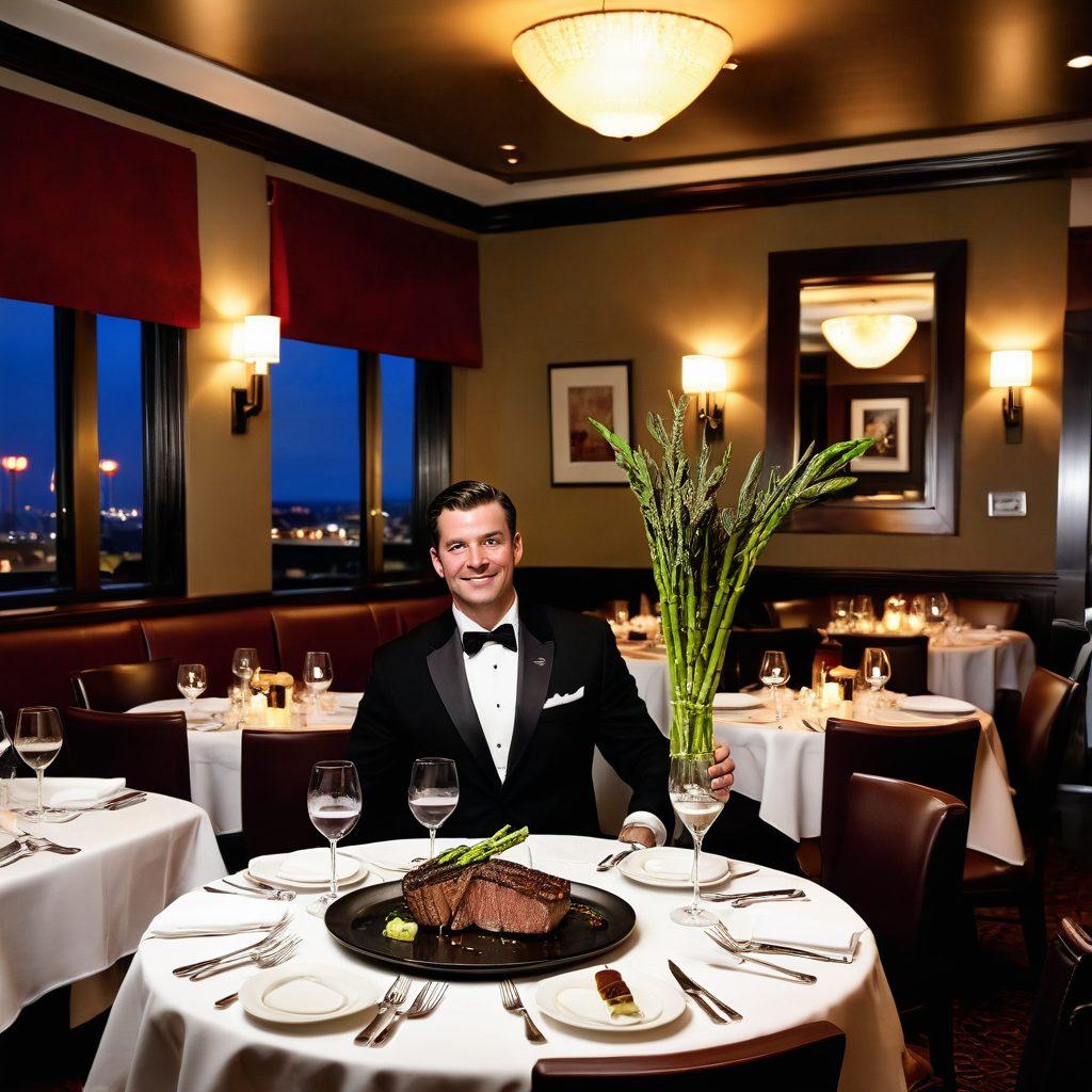 An elegant dining room of Ruth's Chris Steak House, featuring sophisticated decor, plush seating, and ambient lighting. A succulent steak sizzling on a hot plate with perfectly grilled asparagus, and a side of creamy mashed potatoes. A waiter in a crisp uniform serving a glass of fine red wine. super-realistic. vibrant colors. warm ambiance.