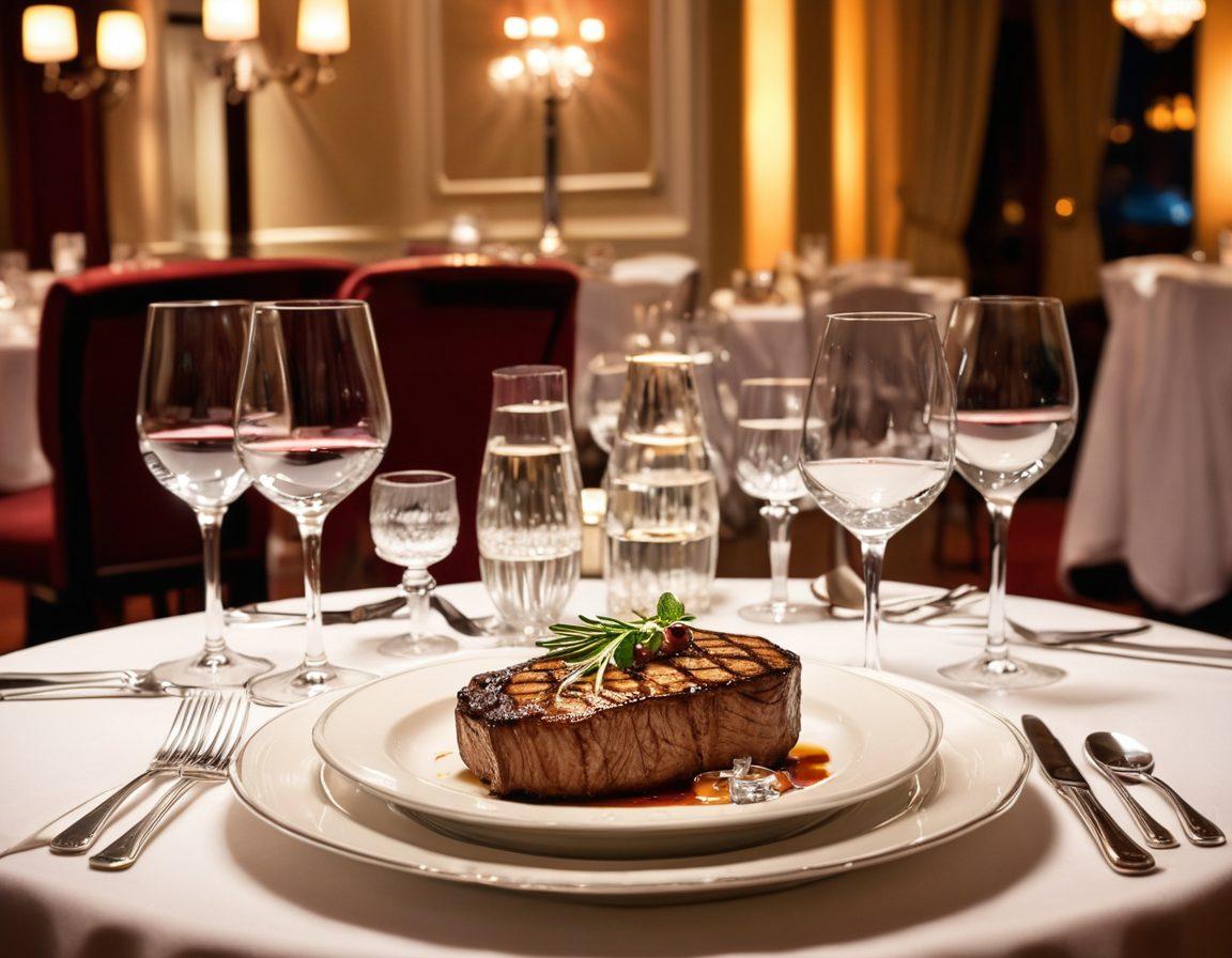 A luxurious dining setting at Ruth's Chris Steakhouse, featuring a beautifully set table with fine dining wares including crystal wine glasses, elegant silverware, and a sizzling, juicy steak on a pristine white plate garnished with fresh herbs. Soft, ambient lighting and plush, upholstered chairs create a sophisticated atmosphere. super-realistic. vibrant colors. elegant background.